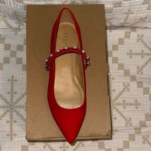 NIB J. Crew Factor Red Suede Flats with Embellished Strap